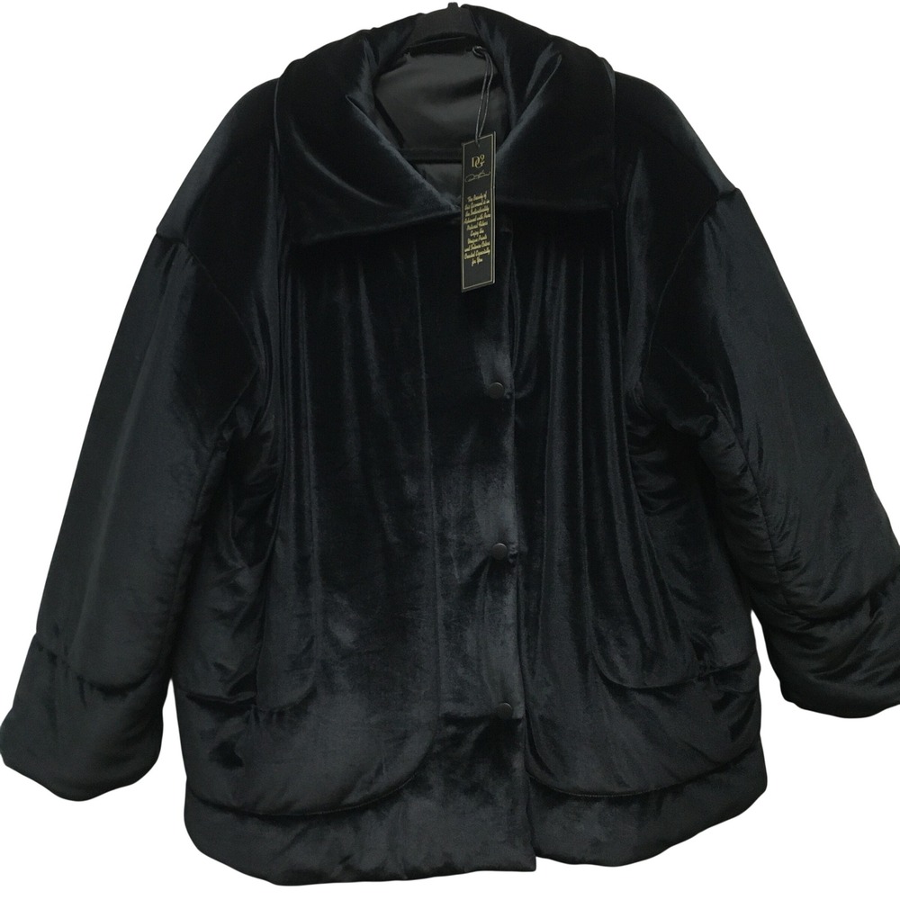 Diane Gilman Puffer Jacket Women's XL Black Velvet Puff Plush Cozy Soft Oversize